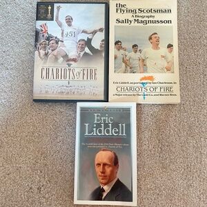 Lot of 3 Eric Liddell Books Movie DVD Chariots of Fire Flying Scotsman Classroom